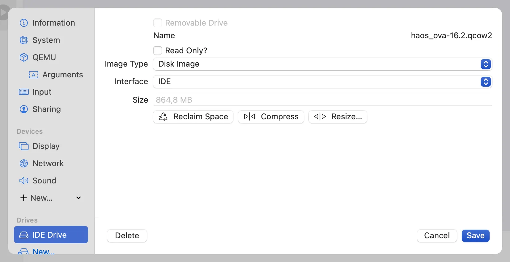 UTM config - add HAOS drive