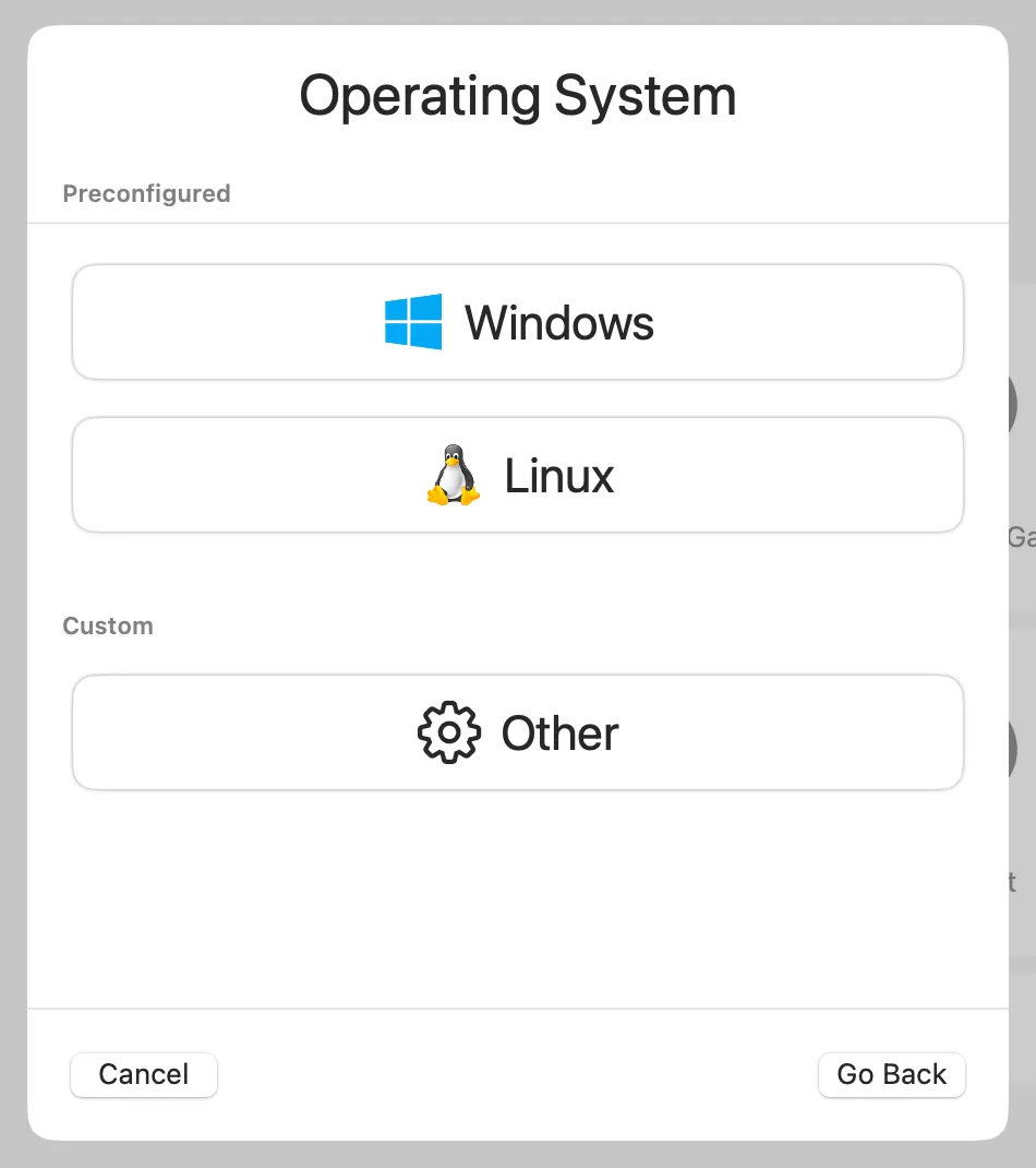 UTM setup - select OS
