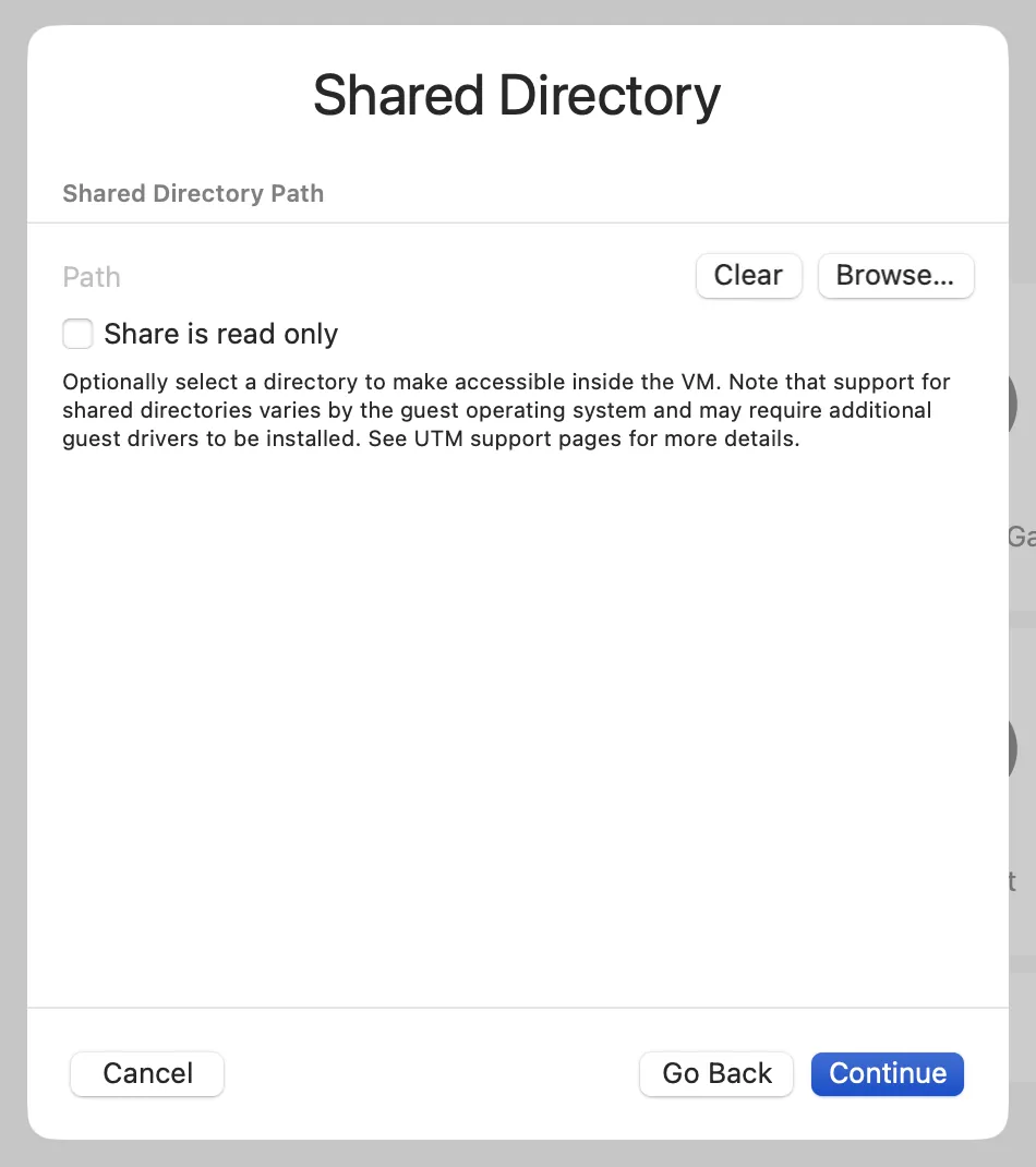 UTM setup - shared directory