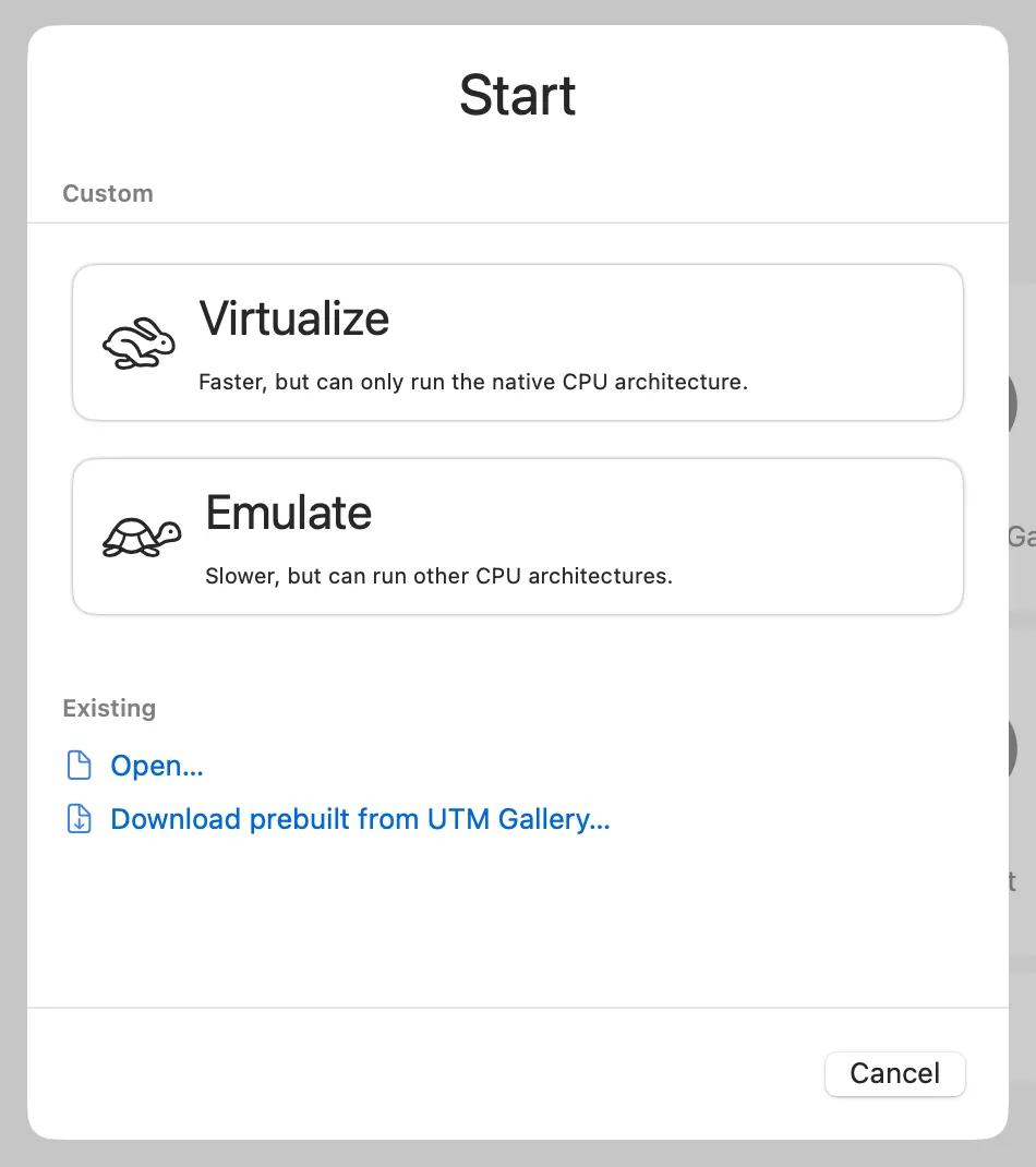 UTM setup - create new virtual machine