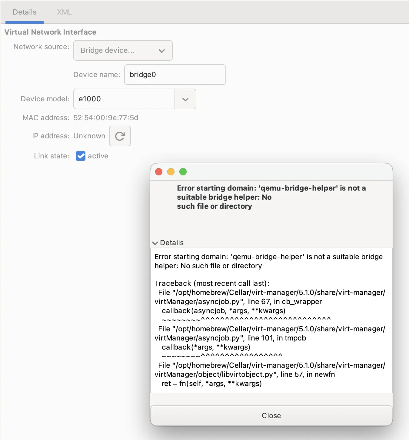 virt-manager error when using bridged network adapter