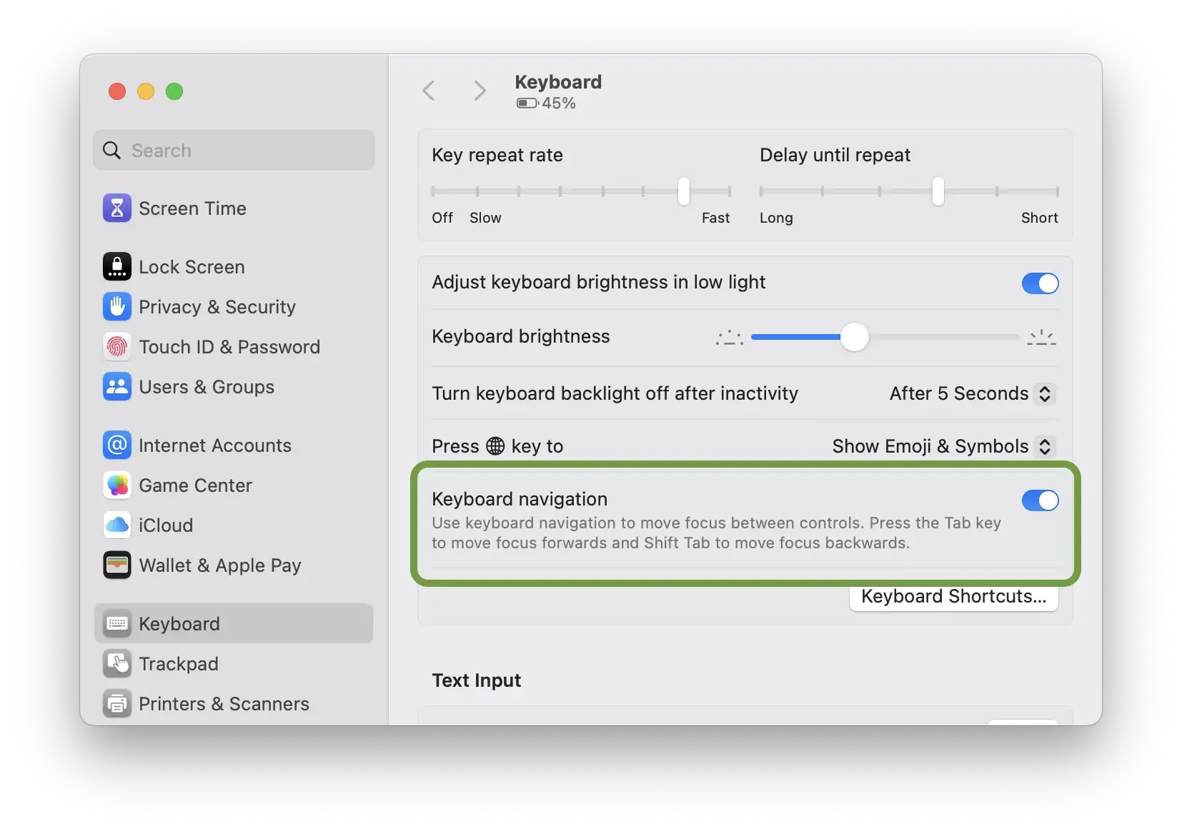 System settings - Keyboard navigation